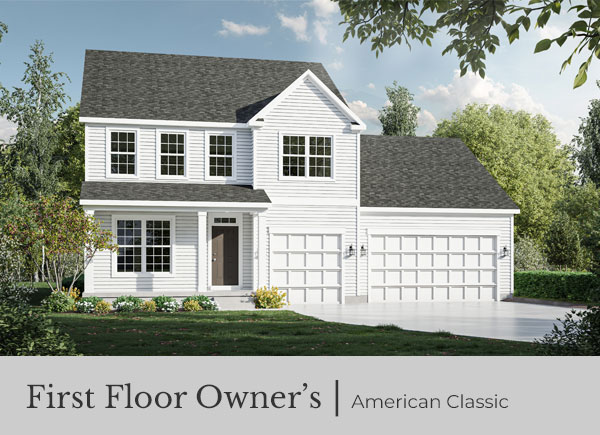 American Classic shown with standard 3-Car Garage and optional dimensional shingles