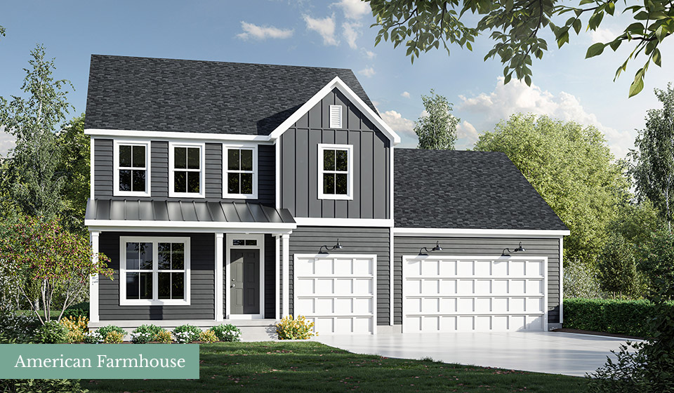 American Farmhouse shown with standard 3-Car Garage and optional dimensional shingles